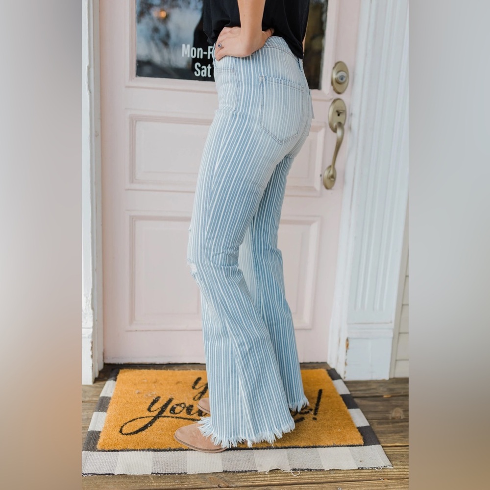 Light Blue Striped Flare Jeans - Women